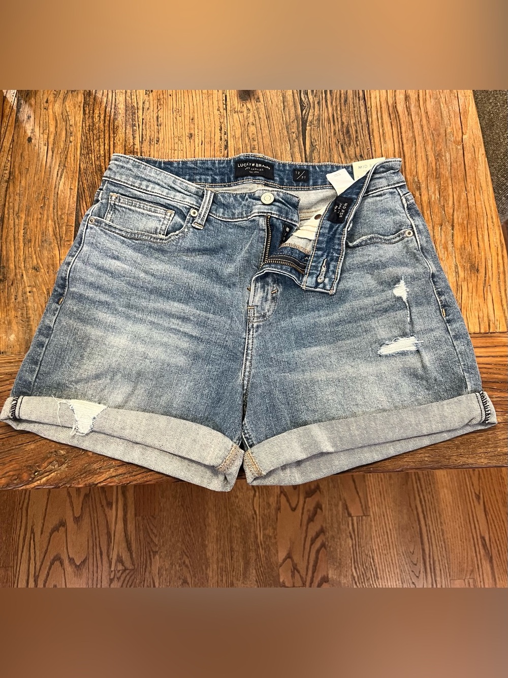 Lucky Brand Washed Light Blue Distressed Roll-Cuff Denim Shorts